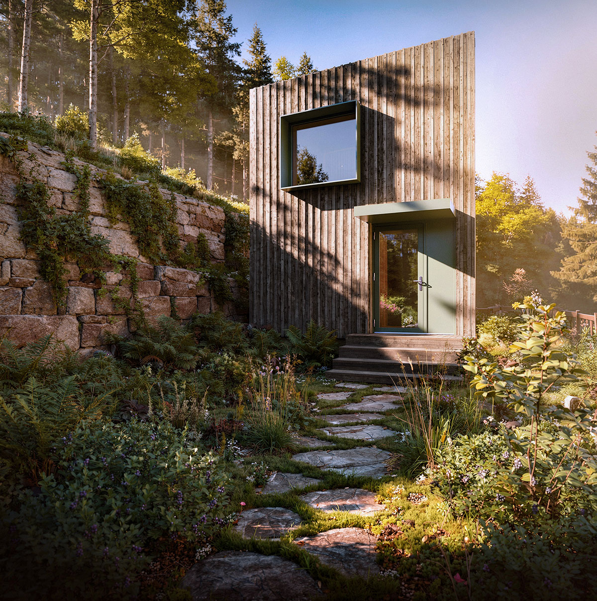 Moderní dřevostavba v lese – vizualizace chaty Rozmazlovna zasazené do svahu