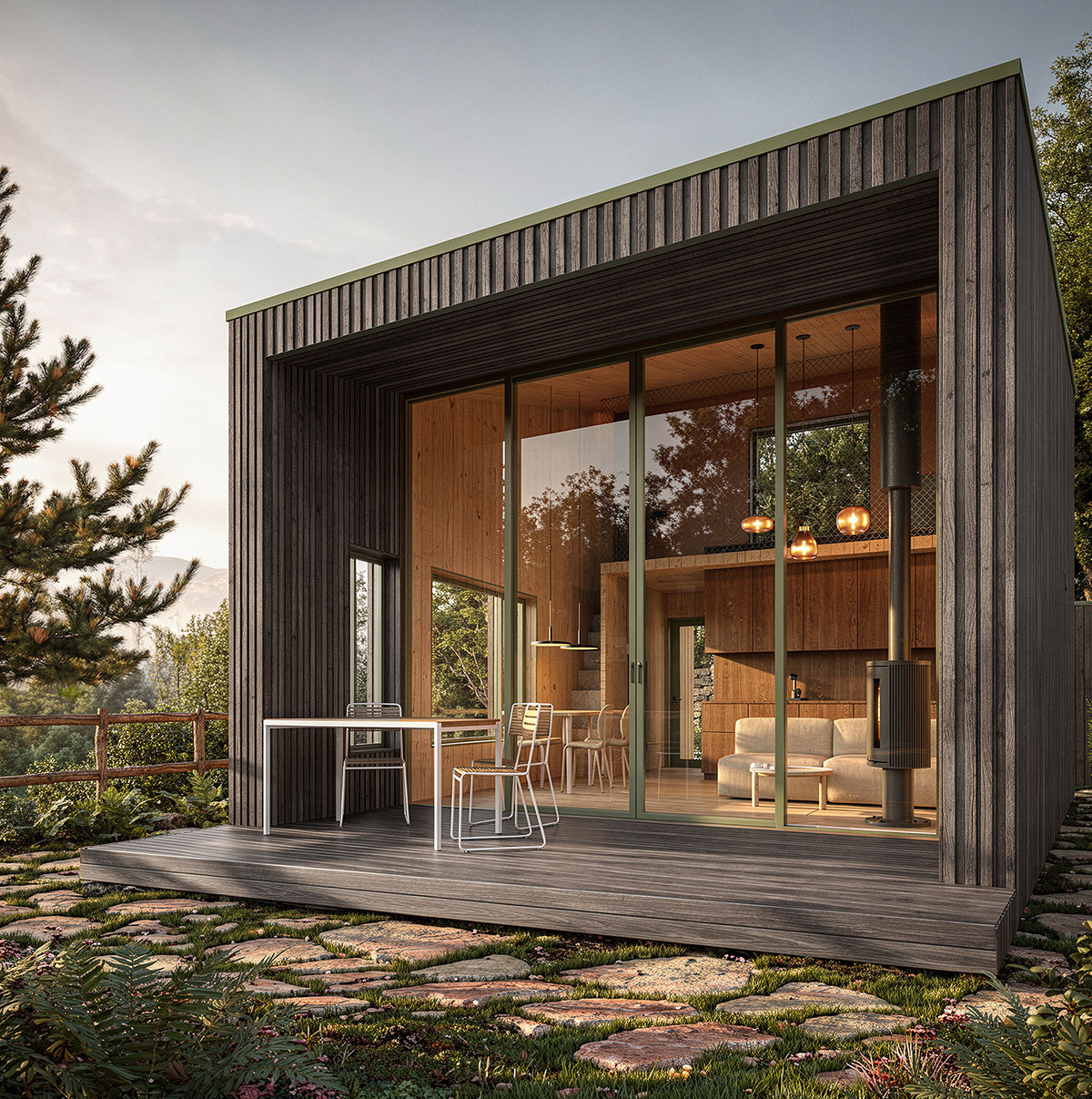 Moderní dřevostavba v lese – vizualizace interiéru a terasy chaty Rozmazlovna